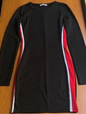 Pull&Bear Black Red & White Side Stripe Long-Sleeve Bodycon Mini Dress